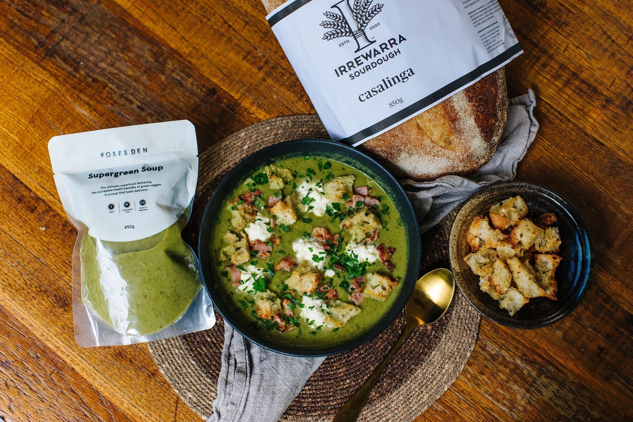 Supergreen Soup with Crispy Bacon, Garlic Croutons & Stracciatella - Recipe