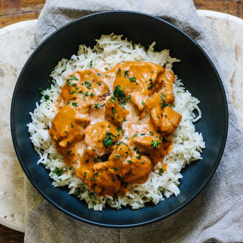 A traditional style, authentic Indian curry of succulent free range chicken, aromatic spices and a creamy tomato sauce.