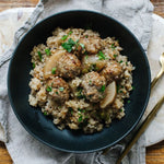 Japanese teriyaki meatballs with daikon and nori rice.