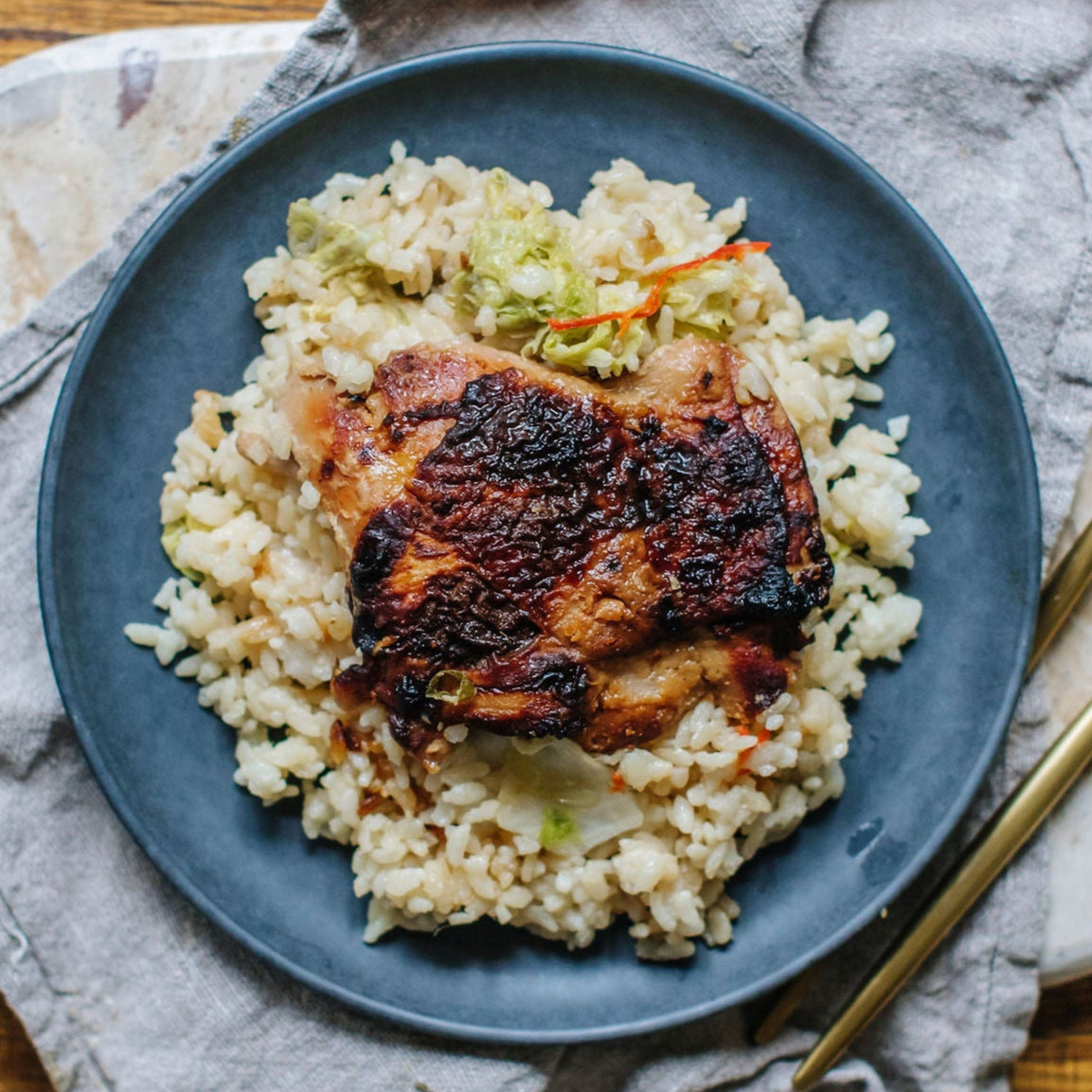 A Japanese inspired dish of free-range chicken, cabbage, ginger and rice.