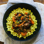 A aromatic dish, bursting with flavour, free-range chicken with chickpeas & veggies. Served with moghrabieh couscous.