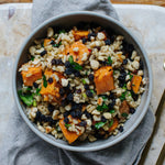 With brown rice, hazelnuts, currants and a chilli maple dressing.